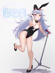 Rule 34 | 1girl, animal ears, black bow, black bowtie, black footwear, black leotard, blush, bow, bowtie, breasts, collar, detached collar, fake animal ears, fenrir (tower of fantasy), grey background, grey hair, grin, headphones, high heels, highres, leotard, long hair, looking at viewer, microphone stand, mockingeu, playboy bunny, rabbit ears, shadow, simple background, small breasts, smile, solo, standing, standing on one leg, strapless, strapless leotard, tower of fantasy, very long hair, white collar, white wrist cuffs, wrist cuffs, yellow eyes