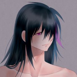 Rule 34 | 1boy, artist request, bare shoulders, black hair, collarbone, expressionless, grey background, hair over one eye, highres, lie ren, long hair, long image, looking to the side, male focus, multicolored hair, neck, purple eyes, rwby, simple background, solo, tall image, upper body, very long hair