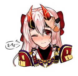 Rule 34 | 1girl, armor, bad id, bad pixiv id, blush, commentary request, embarrassed, fate/grand order, fate (series), grabbing, hair between eyes, hair ribbon, horn grab, horns, japanese clothes, kimono, long hair, looking at viewer, motion lines, one eye closed, oni horns, out of frame, portrait, pov, pov hands, red eyes, red ribbon, ribbon, shoulder armor, simple background, solo focus, sweatdrop, tomoe gozen (fate), translation request, user xjjd7354, very long hair, white background, white hair, white kimono