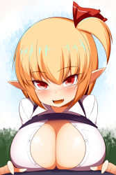 Rule 34 | 1girl, alternate breast size, blonde hair, breasts, cleavage, cleavage cutout, clothing cutout, collared shirt, gero zoukin, hair ribbon, highres, oppai loli, red eyes, red ribbon, ribbon, rumia, shirt, short hair, solo, touhou, white shirt