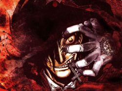 Rule 34 | 1boy, alucard (hellsing), black hair, clenched teeth, close-up, crazy eyes, cross, evil grin, evil smile, fang, gloves, grin, hair over one eye, hand on own face, hellsing, highres, insignia, inverted cross, looking at viewer, male focus, mouth hold, official art, smile, solo, teeth, vampire, white gloves, wide-eyed, yellow eyes