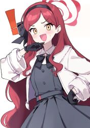 Rule 34 | !, 1girl, black gloves, black hairband, blue archive, blush, dress, gloves, hairband, halo, jacket, long hair, long sleeves, looking at viewer, open clothes, open jacket, open mouth, red hair, shigatsu shizuki, simple background, solo, sweat, takane (blue archive), very long hair, white background, white jacket, yellow eyes