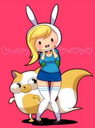 Rule 34 | 1girl, adventure time, animal hood, asymmetrical hair, black eyes, blonde hair, blush, breasts, cake (adventure time), cat, curvy, fionna campbell, hands on own face, heart, hip focus, hood, large breasts, long hair, open mouth, pigeon-toed, rabbit hood, sakiko (gekiama), skirt, thighhighs, white thighhighs, wide hips, zettai ryouiki