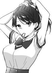 Rule 34 | 1girl, armpits, arms behind head, arms up, bow, breasts, closed mouth, collared shirt, earrings, greyscale, hair tie, hair tie in mouth, highres, ice cream kanojo, jewelry, kawai miruku, kuune rin, looking at viewer, medium breasts, monochrome, mouth hold, parted bangs, ponytail, shirt, short sleeves, simple background, solo, tying hair, white background