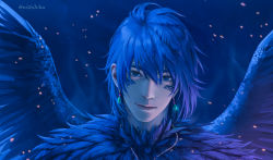Rule 34 | 1boy, absurdres, artist name, bird boy, blue background, blue eyes, blue hair, blue theme, blue wings, chain necklace, closed mouth, commentary, earrings, english commentary, facial mark, feather hair, feathered wings, feathers, floating hair, glowing, hair over eyes, head tilt, highres, howl (howl no ugoku shiro), howl no ugoku shiro, jewelry, light particles, lips, looking at viewer, male focus, monster boy, necklace, nishihiku, portrait, scales, short hair, smile, solo, twitter username, wings