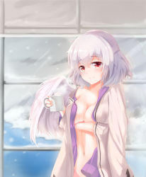 Rule 34 | 1girl, absurdres, bad id, bad pixiv id, blush, breast hold, breasts, coffee mug, cup, drink, highres, holding, kishin sagume, looking at viewer, mug, naked shirt, navel, no bra, no panties, open clothes, open shirt, red eyes, septet (zrca janne), shirt, short hair, silver hair, single wing, smile, solo, touhou, wings, winter