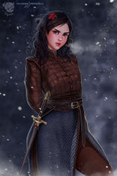 Rule 34 | 1girl, a song of ice and fire, arms behind back, artist name, arya stark, belt, black eyes, black hair, breath, game of thrones, highres, jacket, leaf, leaf on head, leather, leather jacket, lips, looking at viewer, messy hair, pants, parted lips, patreon username, prywinko, red lips, snow, solo, sword, weapon
