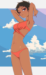 Rule 34 | 1girl, abigail jones, official style, accurate portrayal, adjusting clothes, adjusting swimsuit, armpits, arms up, bikini, blue sky, border, breasts, brown hair, closed mouth, cloud, commentary request, cowboy shot, dark-skinned female, dark skin, great pretender, grey border, groin, highres, linea alba, looking at viewer, navel, outdoors, purple eyes, red bikini, short hair, skinny, sky, small breasts, solo, special cat, swimsuit
