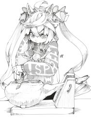 Rule 34 | 1girl, @ @, ahoge, animal ears, artist logo, blush, bow, clothes writing, commentary request, crossed bangs, cutting, drawstring, food, hair bow, ham, hatching (texture), highres, holding, holding knife, holding tongs, hood, hoodie, horse ears, horse girl, knife, linear hatching, long hair, long sleeves, looking down, monochrome, nail polish, sidelocks, sketch, solo, stuffed animal, stuffed rabbit, stuffed toy, thin (suzuneya), tongs, twin turbo (umamusume), twintails, umamusume, upper body, very long hair