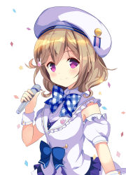 Rule 34 | 1girl, beret, blue bow, blush, bow, brown hair, closed mouth, commentary request, confetti, derivative work, detached sleeves, girlfriend (kari), hair between eyes, hair ornament, hand up, hat, holding, holding microphone, kazemachi haruka, microphone, puffy short sleeves, puffy sleeves, purple eyes, rabbit hair ornament, shirt, short sleeves, simple background, sleeveless, sleeveless shirt, smile, solo, upper body, white background, white hat, white shirt, white sleeves, wrist cuffs, yutsuki warabi