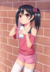 Rule 34 | 10s, 1girl, badge, bare shoulders, black hair, button badge, coupe50, love live!, love live! school idol project, off shoulder, red eyes, red shirt, shirt, solo, t-shirt, thighhighs, yazawa nico