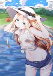 Rule 34 | 1girl, abigail williams (fate), arms up, bikini, black bow, blonde hair, blue eyes, blue shorts, blue sky, bow, breasts, closed mouth, collarbone, collared shirt, denim, denim shorts, fate/grand order, fate (series), forehead, hat, highres, lake, long hair, mouth hold, multiple bows, navel, orange bikini, orange bow, parted bangs, see-through, shinonome halltro, shirt, short shorts, short sleeves, shorts, sky, small breasts, sun hat, swimsuit, thighs, wading, water, wet, white hat, white shirt