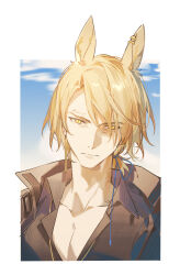 Rule 34 | 1boy, alternate hairstyle, animal ear piercing, animal ears, arknights, black jacket, black shirt, blonde hair, blue sky, border, chinese commentary, cloud, collared shirt, commentary request, earrings, frown, highres, horse boy, horse ears, jacket, jewelry, male focus, mlynar (arknights), open clothes, open shirt, outdoors, portrait, shirt, short ponytail, sky, solo, swept bangs, twiii ye, upper body, yellow eyes