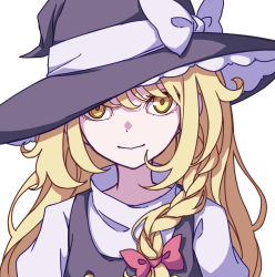 Rule 34 | 1girl, absurdres, black hat, blonde hair, bow, braid, closed mouth, commentary, hair bow, hat, hat bow, highres, kame (kamepan44231), kirisame marisa, long hair, looking at viewer, one-hour drawing challenge, red bow, side braid, simple background, single braid, smile, solo, touhou, upper body, white background, white bow, witch hat, yellow eyes