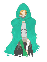 Rule 34 | 10s, 1boy, blue eyes, cloak, fate/extra, fate/stay night, fate (series), flat color, hair over one eye, hood, male focus, orange hair, robin hood (fate), sic sic, simple background, solo, white background