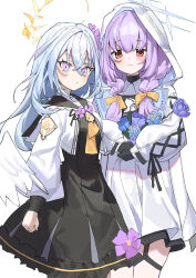 Rule 34 | 2girls, absurdres, angel wings, atsuko (blue archive), azusa (blue archive), black dress, blue archive, blue flower, blue halo, blush, closed mouth, dress, flower, grey hair, hair between eyes, halo, haruyuki (gffewuoutgblubh), highres, jacket, long hair, long sleeves, mole, mole under eye, multiple girls, pink eyes, purple flower, purple hair, red eyes, simple background, smile, white background, white jacket, white wings, wings, yellow halo