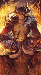 Rule 34 | 1boy, abs, animal, armor, bara, bare pectorals, brown hair, bull, chariot, cleavage cutout, clothing cutout, dark-skinned male, dark skin, draph, earrings, embers, eyepatch, feather boa, fire, granblue fantasy, highres, horns, jewelry, large pectorals, laulaubi, looking at viewer, male focus, mask, muscular, muscular male, navel, parted lips, pauldrons, pectorals, pointy ears, reinhardtzar, short hair, shoulder armor, solo, stomach, tarot, tarot (medium), upper body
