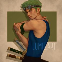 Rule 34 | 1boy, artist name, bandana, bandana around arm, bare shoulders, blue tank top, closed mouth, earrings, goggles, goggles on head, green hair, highres, jewelry, katana, looking at viewer, lumie.art, male focus, official alternate costume, one piece, roronoa zoro, short hair, single earring, solo, sword, tank top, weapon