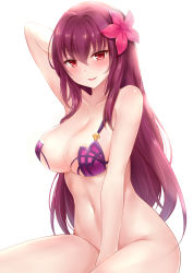 Rule 34 | 1girl, arm up, bare arms, bare shoulders, between legs, bikini, bikini top only, blush, bottomless, breasts, cleavage, collarbone, commentary request, fate/grand order, fate (series), flower, groin, hair between eyes, hair flower, hair ornament, hand between legs, large breasts, navel, nikoo, purple bikini, purple hair, red eyes, red flower, scathach (fate), scathach (fate/grand order), scathach (swimsuit assassin) (fate), simple background, solo, swimsuit, white background