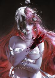 Rule 34 | 1girl, arm under breasts, bandages, black background, blood, blood on hands, broken mask, closed mouth, elfen lied, extra ears, half mask, hand up, highres, long hair, looking at viewer, loose bandages, lucy (elfen lied), mask, midriff, navel, nixeu, patreon username, pink hair, pink lips, pointy ears, red eyes, serious, signature, solo, topless, upper body, very long hair
