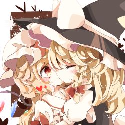 Rule 34 | 2022, 2girls, apron, back bow, black vest, blonde hair, blush, blush stickers, bow, braid, buttons, closed eyes, collared shirt, crystal, dress, flandre scarlet, frilled apron, frilled shirt collar, frilled skirt, frilled sleeves, frills, gem, hair between eyes, hat, hat ribbon, heart, highres, jewelry, kirisame marisa, kiss, laevatein (touhou), long hair, looking at another, medium hair, mob cap, multiple girls, puffy short sleeves, puffy sleeves, red bow, red eyes, red ribbon, red shirt, red skirt, ribbon, shirt, short hair, short sleeves, side ponytail, simple background, skirt, skirt set, slit pupils, sweat, sweatdrop, touhou, tsumurikoto, upper body, vest, white background, white bow, white headwear, wings, witch hat, wrist cuffs, yuri