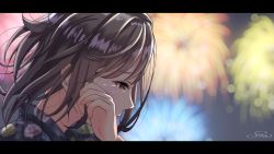 Rule 34 | 1girl, aerial fireworks, artist name, blurry, blurry background, brown eyes, brown hair, commentary request, fireworks, floral print, from side, hand on own face, highres, japanese clothes, kimono, letterboxed, looking down, messy hair, night, original, outdoors, profile, sena (illust sena), short hair, solo, summer, tears, upper body, wiping tears, yukata