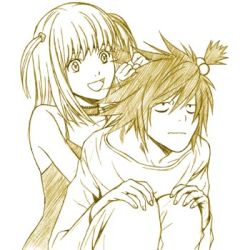 Rule 34 | 00s, 1boy, 1girl, amane misa, bags under eyes, death note, hair bobbles, hair ornament, l (death note), lowres, monochrome, simple background, white background, yellow theme