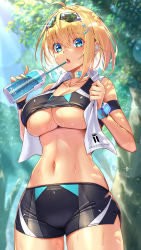 Rule 34 | 1girl, arm strap, bare shoulders, black shorts, black sports bra, blonde hair, blue choker, blue eyes, breasts, choker, cleavage, collarbone, cowboy shot, crop top, earphones, eyewear on head, goggles, goggles on head, highres, holding, large breasts, looking at viewer, midriff, nail polish, navel, original, short hair, short shorts, shorts, skindentation, sleeveless, solo, sophia f shirring, sports bra, stomach, sweat, takamine nadare, tongue, tongue out, towel, towel around neck, underboob, watch, wristwatch
