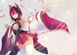 Rule 34 | 1girl, animal ears, azur lane, bare shoulders, breasts, center opening, chitose (azur lane), claw ring, fox mask, hair between eyes, hane (feathe02), highres, hut, looking at viewer, mask, mask on head, medium breasts, purple eyes, red hair, red skirt, skindentation, skirt, solo, thighhighs, white thighhighs, wide sleeves, zettai ryouiki