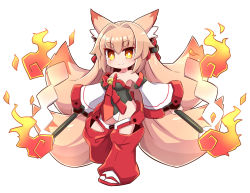 Rule 34 | &gt;:), 1girl, animal ears, bare shoulders, bell, black leotard, blush, breasts, brown eyes, brown hair, closed mouth, copyright request, detached pants, detached sleeves, fox ears, fox girl, fox tail, full body, gohei, hair between eyes, highres, hitodama, holding, jingle bell, kitsune, leotard, long hair, long sleeves, medium breasts, multiple tails, naga u, red footwear, sandals, short eyebrows, simple background, smile, socks, solo, standing, standing on one leg, tabi, tail, thick eyebrows, two tails, v-shaped eyebrows, very long hair, white background, white sleeves, white socks, wide sleeves, zouri