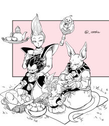Rule 34 | 4boys, aged down, apple, armor, basket, beerus, boots, bread, commentary request, cup, dragon ball, dragon ball super, food, food on face, fork, fruit, gloves, greyscale, highres, holding, holding food, indian style, male focus, monochrome, multiple boys, picnic, seiza, senka-san, sitting, sitting on lap, sitting on person, son goku, tail, teacup, teapot, tray, ultra ego (dragon ball), ultra instinct, vegeta, whis, yogen-gyo