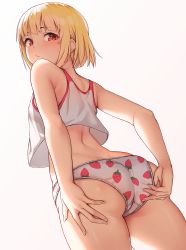 Rule 34 | 1girl, adjusting clothes, adjusting panties, ass, ass focus, bare arms, bare shoulders, blonde hair, blush, breasts, closed mouth, crop top, food print, from behind, from below, highres, looking at viewer, looking back, looking down, original, panties, print panties, red eyes, short hair, simple background, skindentation, sleeveless, small breasts, solar (happymonk), solo, strawberry print, thighs, underwear, white background, white panties