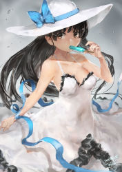 Rule 34 | 1girl, bare shoulders, black hair, blue ribbon, blush, breasts, brown eyes, covered navel, dated, dress, floating hair, food, hat, hat ribbon, highres, holding, holding food, kantai collection, long hair, medium breasts, popsicle, ribbon, shouhou (kancolle), sidelocks, signature, sleeveless, sleeveless dress, solo, sun hat, toka (marchlizard), water drop, white dress, white hat, wrist ribbon