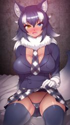 Rule 34 | 1girl, animal ear fluff, animal ears, bikini, bikini under clothes, black hair, black thighhighs, blue eyes, blush, breast pocket, breasts, cleavage, clothes lift, dark-skinned female, dark skin, fang, flashing, fur collar, gloves, grey wolf (kemono friends), heterochromia, highres, indoors, kemono friends, large breasts, lifting own clothes, looking at viewer, micro bikini, multicolored hair, open mouth, pocket, skirt, skirt lift, solo, swimsuit, tail, thighhighs, totokichi, two-tone hair, white gloves, white hair, wolf ears, wolf girl, wolf tail, yellow eyes