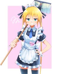 Rule 34 | 1girl, absurdres, alternate costume, angry, black bow, black thighhighs, blonde hair, blue eyes, blue necktie, bow, character name, enmaided, hair bow, hand on own hip, highres, holding, holding mop, kill me baby, long hair, looking at viewer, maid, mop, necktie, parted lips, puffy short sleeves, puffy sleeves, short sleeves, solo, sonya (kill me baby), teeth, thighhighs, twintails, wrist cuffs, yachima tana