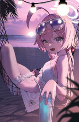 Rule 34 | 1girl, :d, absurdres, ahoge, beach, bikini, blue archive, blue eyes, cup, dong ji, drinking straw, eyewear on head, fang, frilled bikini, frills, hair between eyes, hair bobbles, hair ornament, halo, heterochromia, highres, holding, holding cup, hoshino (blue archive), hoshino (swimsuit) (blue archive), long hair, looking at viewer, lying, night, night sky, on back, open mouth, outdoors, pink hair, sky, smile, solo, sunglasses, swimsuit, twintails, white bikini, yellow eyes