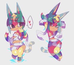 Rule 34 | 1girl, :3, amakusa (hidorozoa), animal crossing, animal ears, animal hands, ankha (animal crossing), arms up, bandages, black eyes, blonde hair, blue hair, blunt bangs, blunt ends, blush, bob cut, body fur, breasts, cat ears, cat girl, cat paws, cat tail, closed mouth, colored skin, commentary request, eyeliner, fewer digits, finger to mouth, full body, furry, furry female, grey background, groin, hair ornament, happy, heart, knees together feet apart, makeup, medium breasts, multicolored hair, multiple views, naked bandage, navel, nintendo, nipples, see-through, simple background, smile, snake hair ornament, speech bubble, spoken heart, standing, standing on one leg, striped, striped tail, tail, two-tone hair, wide hips, yellow fur, yellow skin