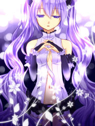Rule 34 | alternate hair color, bridal gauntlets, elbow gloves, gloves, hatsune miku, hatsune miku (append), highres, long hair, navel, necktie, own hands together, purple eyes, purple hair, solo, thigh gap, thighs, twintails, very long hair, vocaloid, vocaloid append, yayoi (egoistic realism)