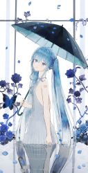Rule 34 | 1girl, absurdres, ah (pixiv62888100), aqua eyes, aqua hair, blue butterfly, blue flower, blue rose, bug, butterfly, dress, flower, hatsune miku, highres, holding, holding umbrella, bug, ivy, long hair, looking at viewer, partially submerged, petals, reflection, rose, sleeveless, sleeveless dress, solo, twintails, umbrella, very long hair, vocaloid, white dress, window
