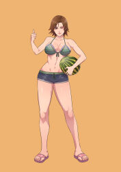 Rule 34 | 1girl, ;), absurdres, bare shoulders, bikini, bikini top only, black shorts, breasts, brown eyes, brown hair, cirenk, cleavage, closed mouth, collarbone, commentary, commission, english commentary, feet, flip-flops, food, fruit, full body, green bikini, highres, holding, holding food, kazama asuka, large breasts, legs, lips, looking at viewer, melon, navel, one eye closed, orange background, sandals, short hair, shorts, simple background, smile, solo, standing, stomach, summer uniform, swimsuit, tekken, tekken tag tournament 2, thumbs up, toenails, toes, tomboy