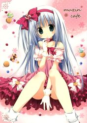 Rule 34 | 1girl, absurdres, blush, bow, candy, cookie, dress, food, gloves, green eyes, grey hair, hair bow, hairband, head tilt, highres, knees together feet apart, korie riko, legs, looking at viewer, macaron, red bow, ribbon, sitting, tareme