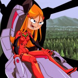 Rule 34 | 1girl, absurdres, angry, benny bee, blue eyes, candace gertrude flynn, cockpit, cosplay, the end of evangelion, eva 02, evangelion (mecha), forest, highres, long hair, mountain, mountainous horizon, nature, neon genesis evangelion, orange hair, parody, phineas and ferb, plugsuit, smug, souryuu asuka langley, souryuu asuka langley (cosplay), toon (style)