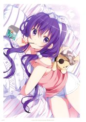 Rule 34 | 1girl, absurdres, closed mouth, collarbone, dolphin shorts, gochuumon wa usagi desu ka?, hair between eyes, hair over shoulder, highres, koi (koisan), long hair, looking at viewer, low twintails, lying, mouth hold, on side, pink shirt, purple eyes, purple hair, shirt, short shorts, shorts, sleeveless, sleeveless shirt, smile, solo, striped pillow, stuffed animal, stuffed rabbit, stuffed toy, tedeza rize, twintails, very long hair, white shorts