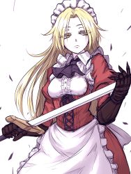 Rule 34 | 1girl, apron, ascot, blonde hair, breasts, closed mouth, collared shirt, colored skin, cropped legs, dress, expressionless, eyes visible through hair, frills, gloves, highres, holding, holding sword, holding weapon, long hair, long sleeves, looking away, looking to the side, maid, maid apron, maid headdress, miata (miata8674), puffy sleeves, red dress, ribbon, shirt, simple background, slit pupils, solo, standing, sword, touhou, touhou (pc-98), upper body, very long hair, waist apron, weapon, white background, white shirt, white skin, yellow eyes, yumeko (touhou)