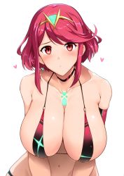 Rule 34 | 1girl, bare shoulders, bikini, blush, breasts, choker, cleavage, collarbone, earrings, gem, halcon, hanging breasts, heart, highres, huge breasts, jewelry, leaning forward, looking at viewer, navel, nintendo, open mouth, pyra (xenoblade), red bikini, red eyes, red hair, short hair, sidelocks, simple background, solo, swept bangs, swimsuit, tiara, white background, xenoblade chronicles (series), xenoblade chronicles 2