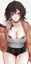 Rule 34 | 1girl, absurdres, arm up, black bra, black choker, black hair, black shorts, blush, bra, breasts, choker, cleavage, collarbone, commentary, hair between eyes, hair ornament, hairclip, highres, jacket, large breasts, long hair, looking at viewer, mole, mole on breast, mole on thigh, mole under eye, multicolored hair, naokomama, open clothes, open jacket, open mouth, orange jacket, original, red eyes, red hair, shorts, simple background, solo, streaked hair, tank top, underwear, white background, white tank top