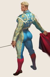 Rule 34 | 1boy, artist name, ass, back, bara, blade, blonde hair, blue eyes, bullfighting, cape, ear piercing, earrings, highres, huge ass, jewelry, jouvru, looking at viewer, looking back, male focus, muscular, muscular male, original, piercing, shoes, socks, thick arms, thick thighs, thighs, tight clothes