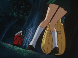 Rule 34 | animated, animated gif, backpack, bag, forest, from behind, from below, green skirt, higurashi kagome, inuyasha, inuyasha (character), legs, low angle, low angle view, miniskirt, nature, night, running, school uniform, serafuku, shoes, skirt, socks, thighs, tree, yellow bag