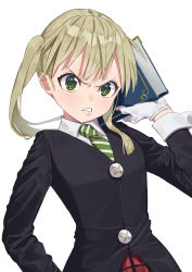 Rule 34 | 1girl, absurdres, angry, arm up, blazer, blonde hair, book, buttons, commentary request, gloves, green eyes, highres, holding, holding book, jacket, long hair, long sleeves, looking at viewer, maka albarn, necktie, red skirt, school uniform, simple background, skirt, solo, soul eater, striped necktie, striped neckwear, taiga (ryukyu-6102-8), twintails, upper body, white background, white gloves