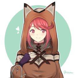 Rule 34 | 1girl, animal ears, animal hood, blush, breasts, cat ears, hood, jewelry, large breasts, looking at viewer, mochimochi (xseynao), nintendo, pyra (xenoblade), red eyes, red hair, short hair, smile, solo, white background, xenoblade chronicles (series), xenoblade chronicles 2